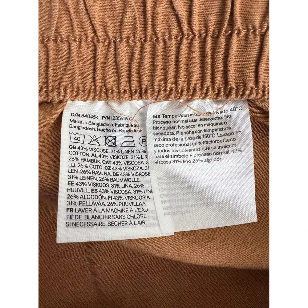 H&M Linen Blend Wide Leg Crop Pants XL Rust Brown Pull On Elastic Waist Coastal‎